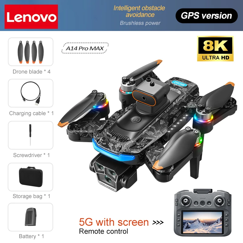 Lenovo A14 Pro Max Drone 8K HD Drievoudige Camera Optische Flow Intelligente Obstakelvermijding Opvouwbaar Scherm RC Borstelloze GPS Drone - afbeelding 1