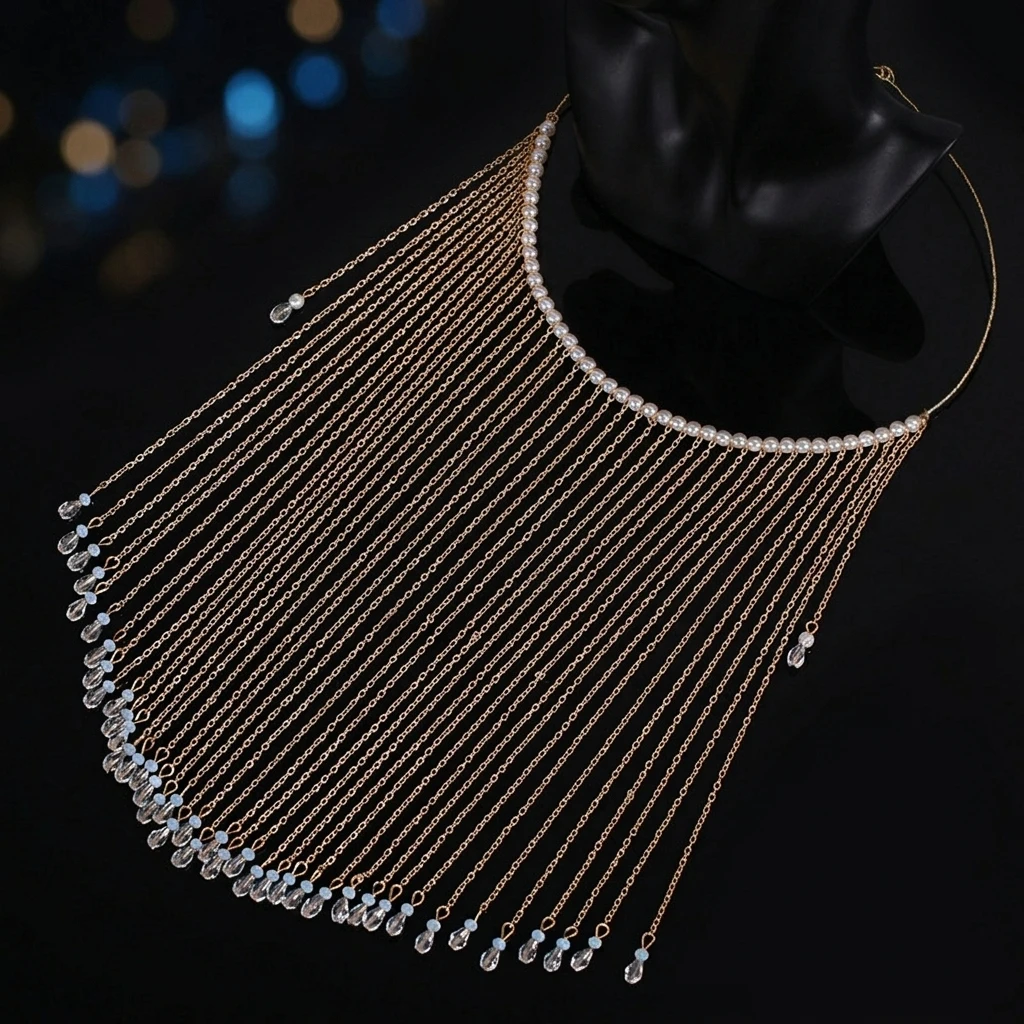 Hand-made Golden Fringe Face Veil Exotic Style Mask for Stage Performance Party Costume