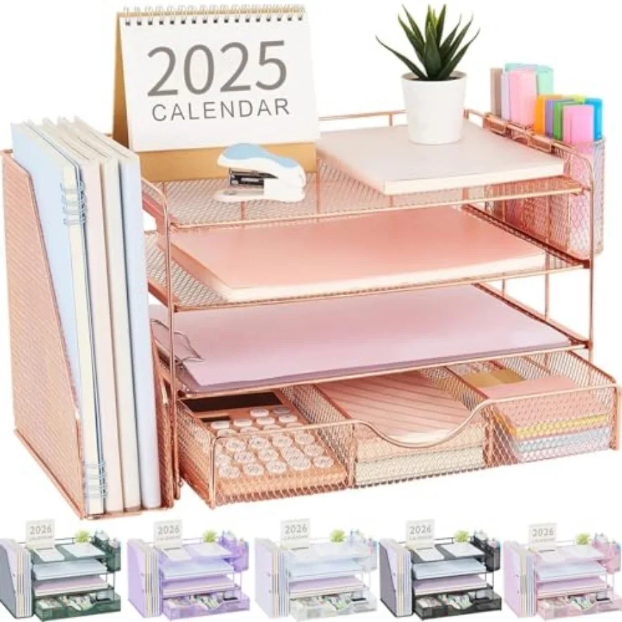 

Desk Organizers and Accessories with File Holder, 4-Tier Desk Accessories and Workspace Organizers with Drawer and 2 Pen Holder