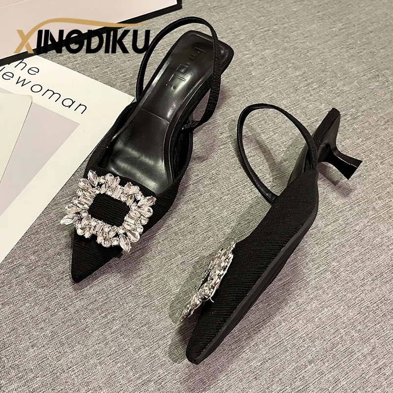 Designer Sandals Women\'s Summer New Square Buckle Beaded Fashion Pointed Toe Stiletto Sandals Back Strap High Heels Ladies