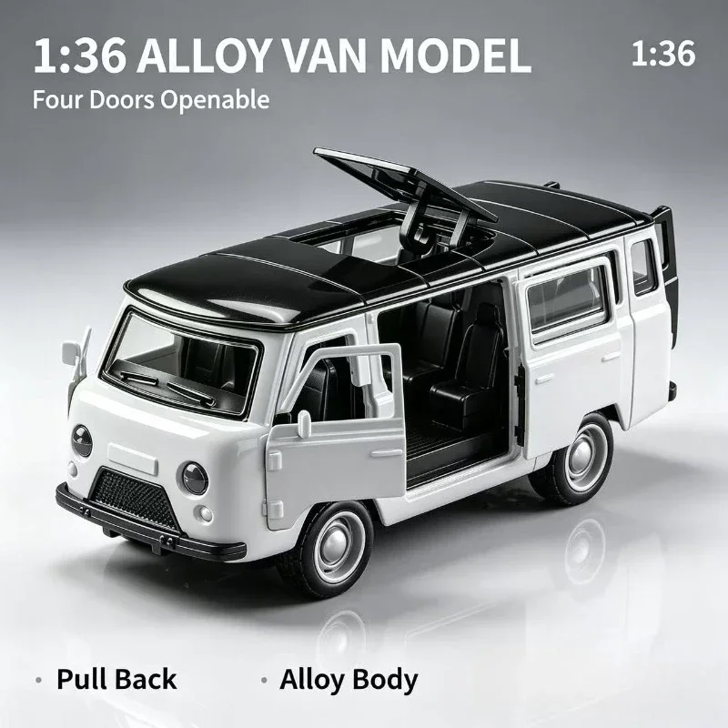 Alloy Car Model 1:36 Scale Cargo Van Replica, Diecast Pull-Back Metal Minivan, Four Functional Open Doors, Precise Body Details,