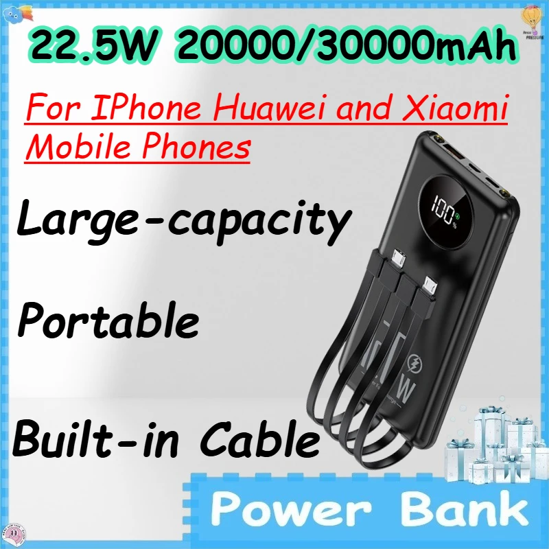 22.5W 20000/30000mAh Power Bank with Built-in Cable for IPhone Huawei and Xiaomi Mobile Phones Large-capacity Portable PowerBank
