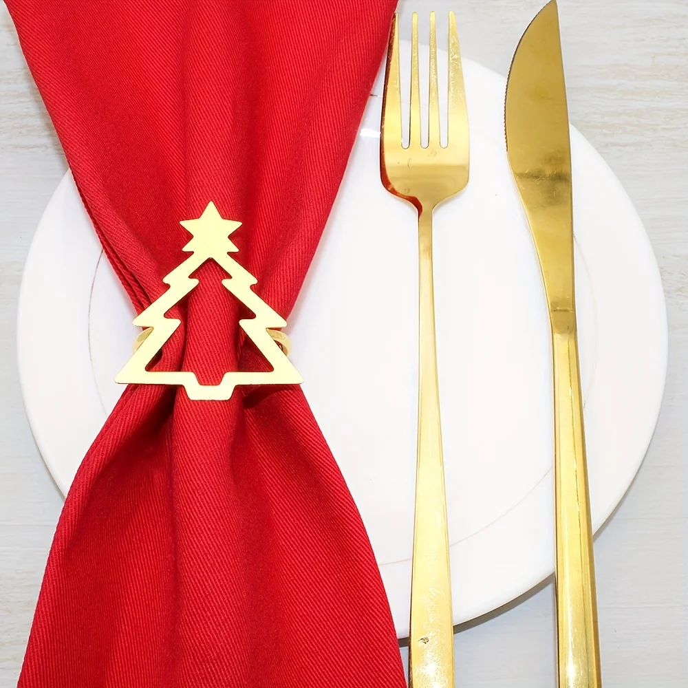 2 Stück hohle Weihnachtsbaum-Serviettenringe, festliche Tischdekoration, Metall-Serviettenhalter in goldenem Silbrig, Party-Tischzubehör