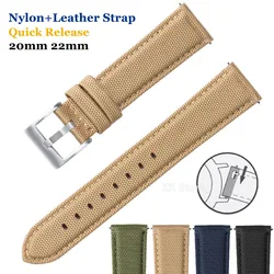 20mm 22mm Woven Nylon+Leather Watch Band Army Woven Canvas Fabric Replacement Straps for Military Sport Quick Release Wristband