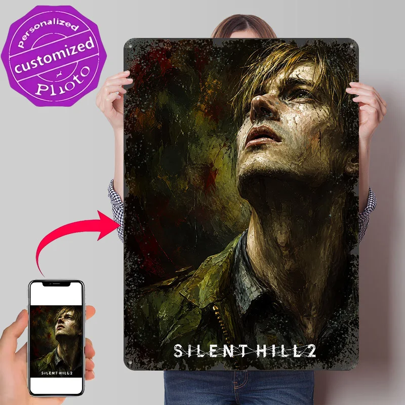 Silent Hill 2 James Sunderland Porträt 3D-Textur Gedrucktes Poster Individuelles Vintage Metall-Blechschild für Wandkunst Schreibtisch-Dekoration