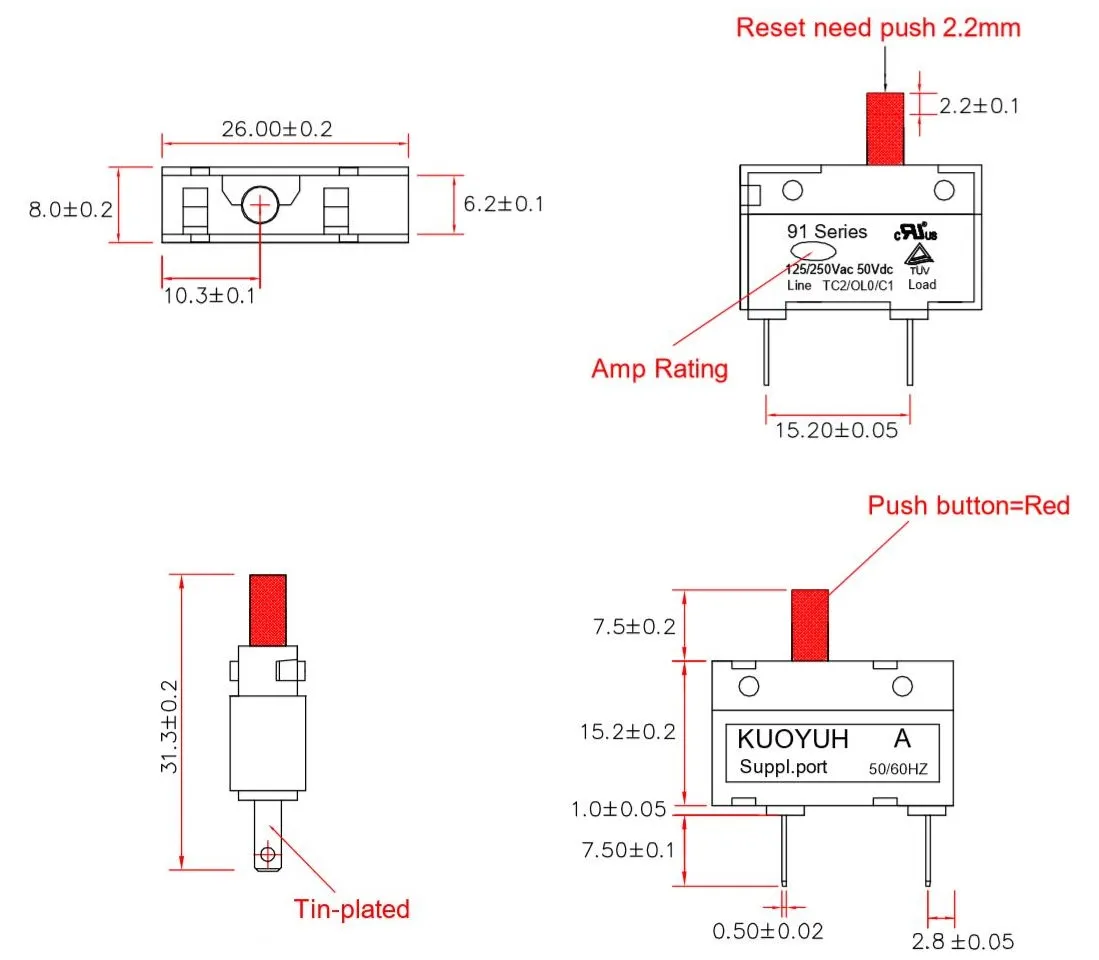 Kuoyuh 91 Series 0.5A Red Button Manual Reset Thermal Overload Protector Circuit Breaker