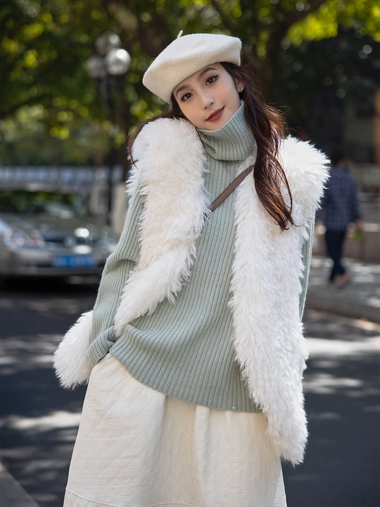 

Sweet ort White Furry Vest Women's Design Sense Slimming Outerwear Commute Sle V-Ne Regular Length Pure Color
