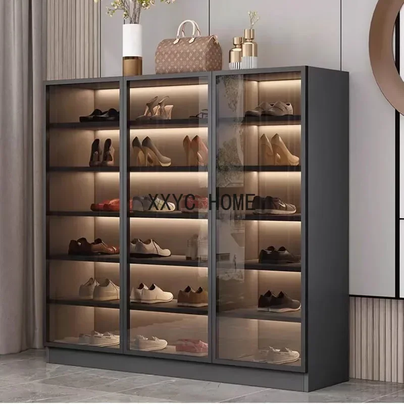 Schuhschrank mit großer Kapazität, dünner Flur, Eingang, Haushaltsgebrauch, hohe vertikale Glastür, Vitrine, Schuhschrank-Möbel