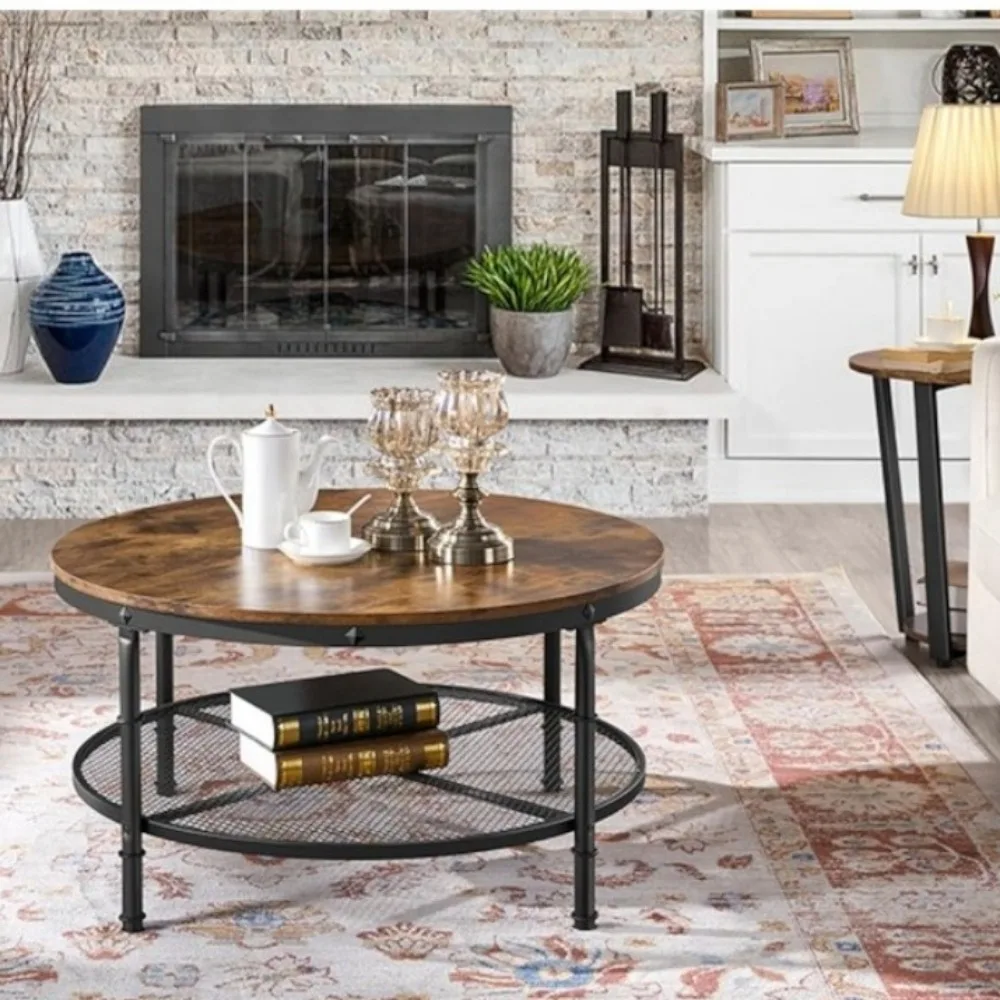 

Round Coffee Table, Wooden 2 Tier Circle Coffee Table for Living Room, Industrial Space Saving, Coffee Table