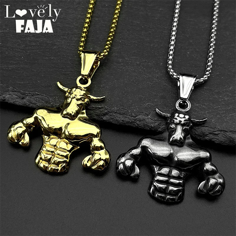 Hip Hop Bull Head Muscle Pendant Necklace for Men Stainless Steel Gold Color Fitness Power Neck Chain Punk Party Jewelry Gift