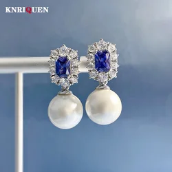 Vintage Noble 100% 925 Real Silver 12mm Pearl Sapphire Drop Earrings for Women Lab Diamond Gemstone Wedding Fine Jewelry Gifst