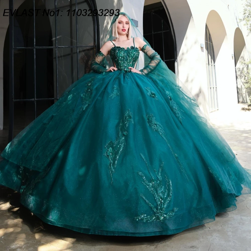 

EVLAST индивидуальное блестящее зеленое бальное платье Quinceanera платье с блестками и аппликацией из бисера накидка Sweet 16, Vestidos De 15 Anos E1QN316