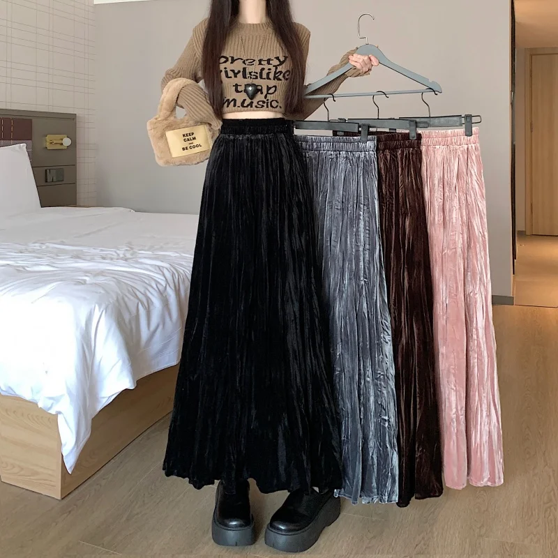 Women's Elegant Gray Velvet Pleated Skirt Elastic Thickened High-waist Solid A-line Skirt Trendy Winter Office Commute Outfit