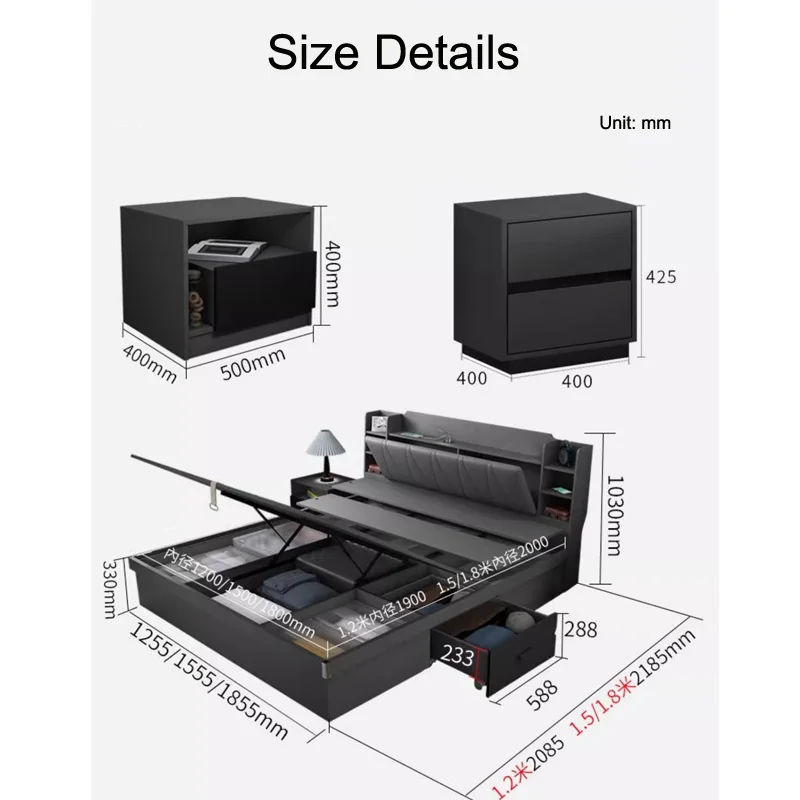 Drewniane nowoczesne zestawy Hydrauliczne podnoszone meble do sypialni Queen King Size Rama Łóżko z szufladami do przechowywania
