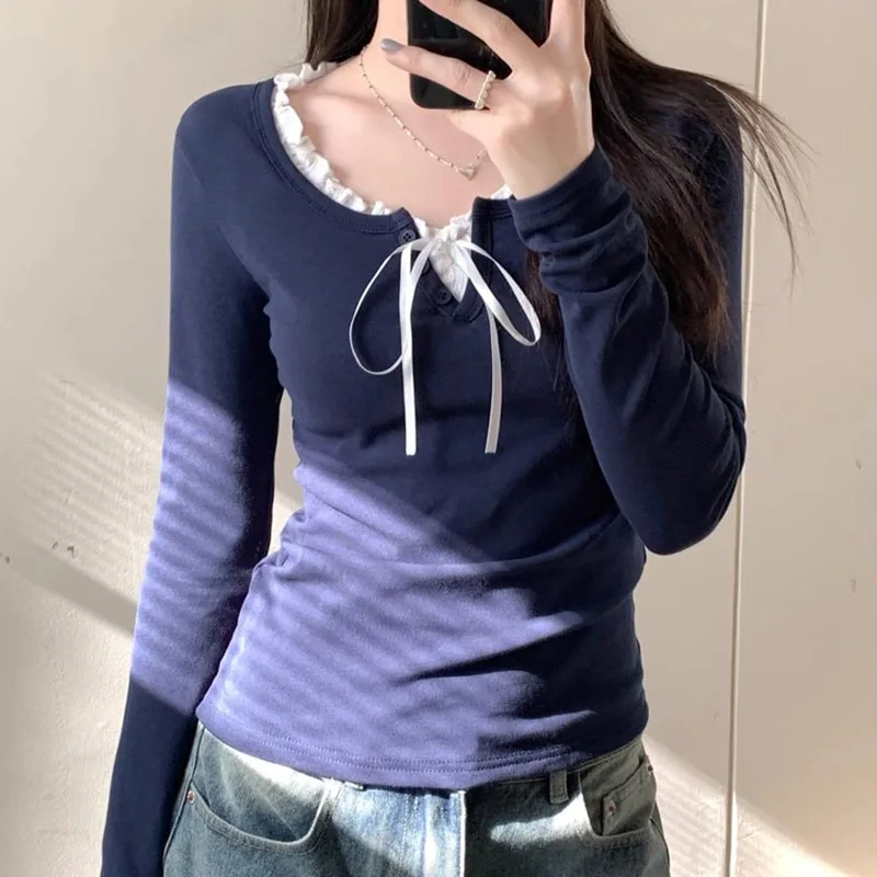 Spring Woman Fake Two Pieces Tshirts Y2k Tops Mujer Slim O Neck Casual T Shirt For Women Long Sleeve Harajuku Tee Shirt Femme