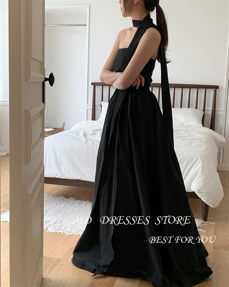 MD Simple Black Taffeta Evening Dresses Korea Wedding Photo shoot Spaghetti Straps Puff Sleeves Scalf Formal Party Customized