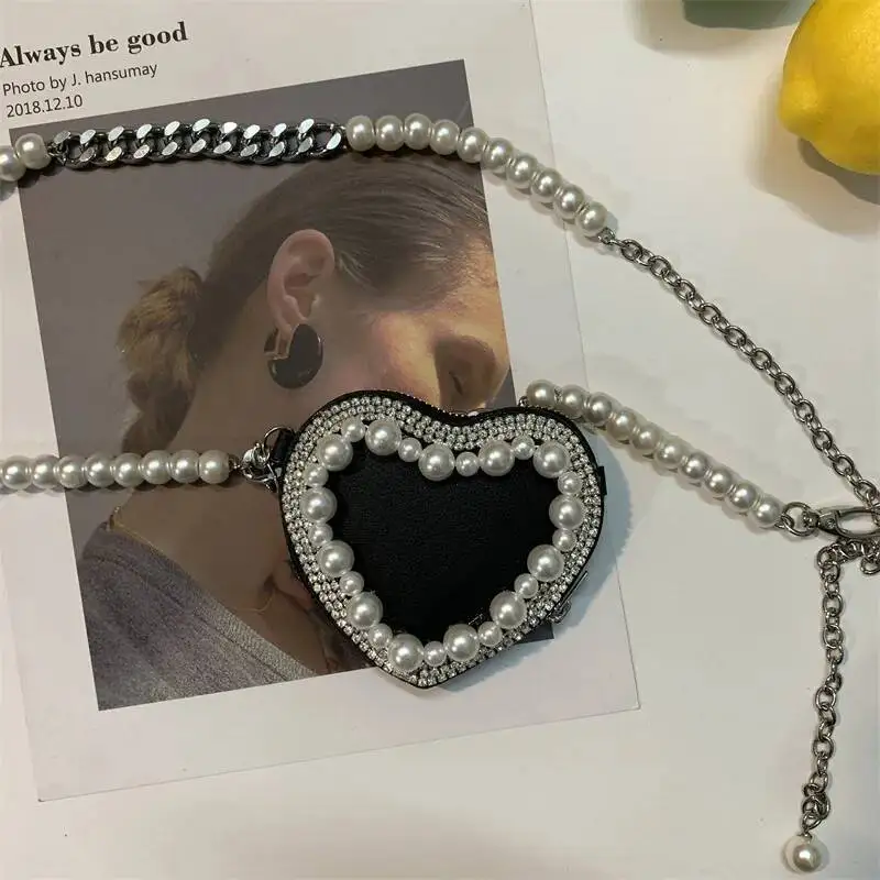 Y2k Aesthetic Sweet Pearl Chain Heart Handbags All Match Chic Fashion Mini Bags Korean Trendy Casual Design Waist Packs
