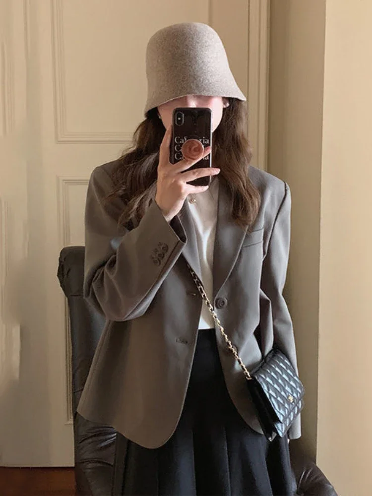 

Women's Blazers Vintage Elegant Autumn Chic All-match Clothing Long Sleeve Office Lady Notched Pure Fashion Temperament Popular