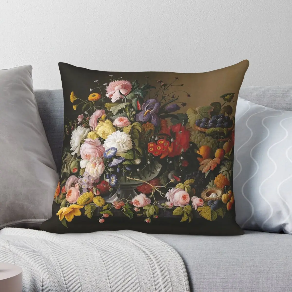 Severin Roesen Flowers Fruit Square Pillowcase Polyester Linen Velvet Printed Zip Decor Throw Pillow Case Bed Cushion Cover 18