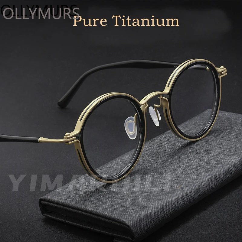 

OLLYMURS Ретро пластина из чистого титана, круглая оправа для очков, сверхлегкая и удобная оптическая оправа для очков по рецепту H33088