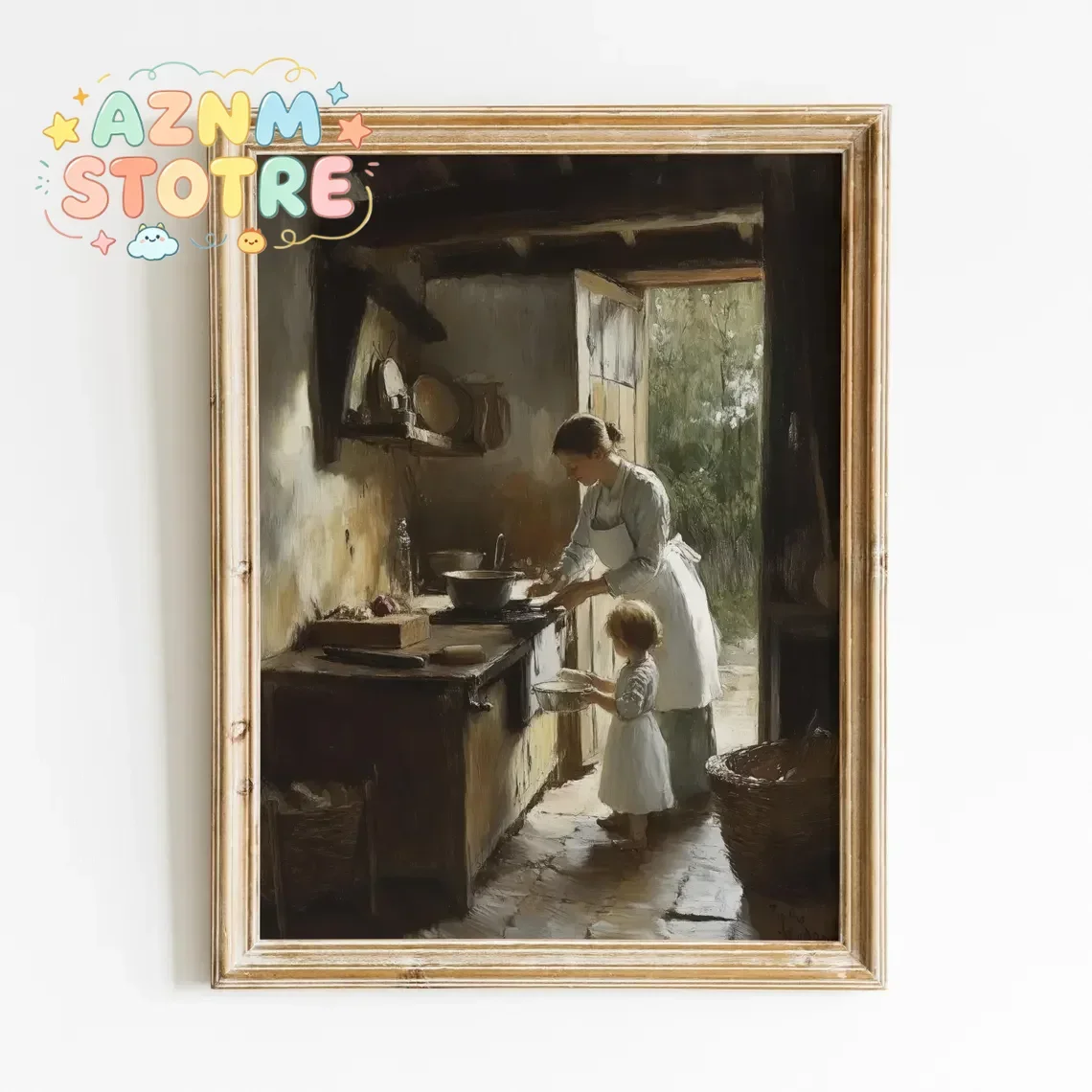 French Kitchen Painting, Vintage Art Print, Mother And Child Art Digital Download, Cottagecore Printable Wall Art, Rustic Dec