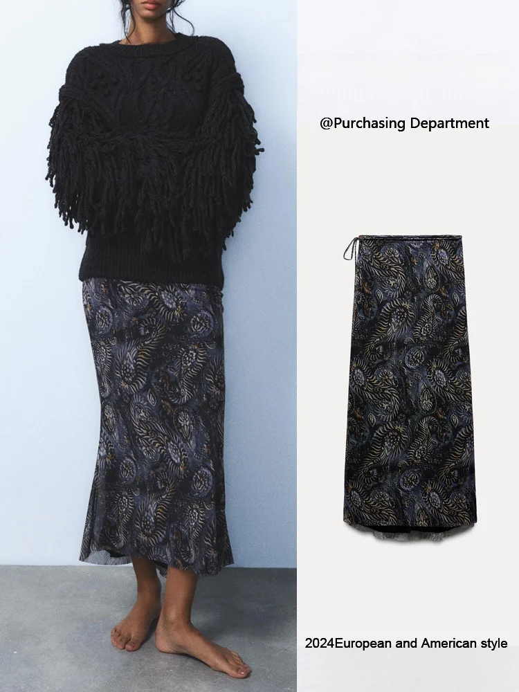 

Удобная женская юбка миди с высокой талией, осенняя новинка, с принтом, из шелка, длинная, А-силуэт, облегающая фигуру