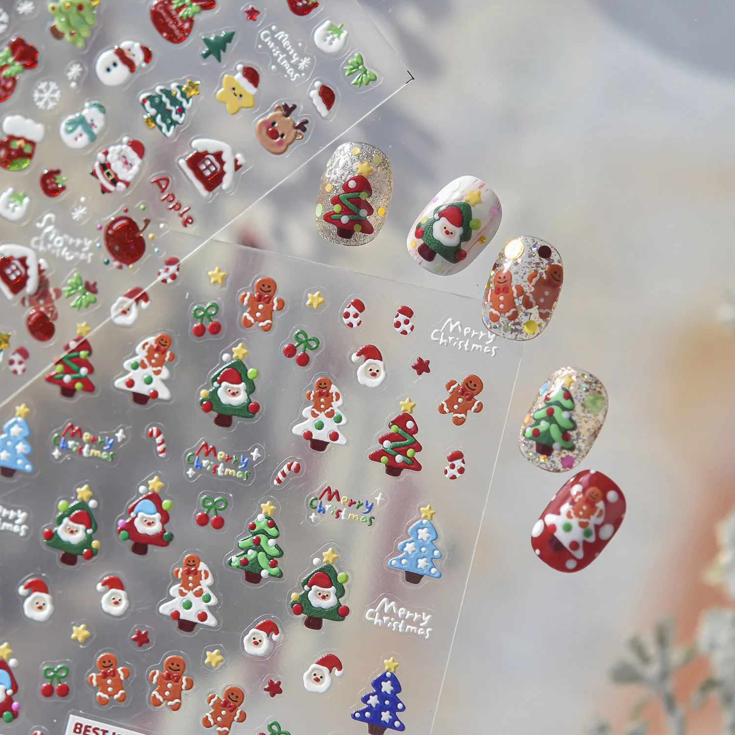 Xmas Embossed 5D Nail Stickers Cartoon Snowman Gingerbread Man Christmas Tree Santa Claus Apple Shaped Nail Decoration Stickers