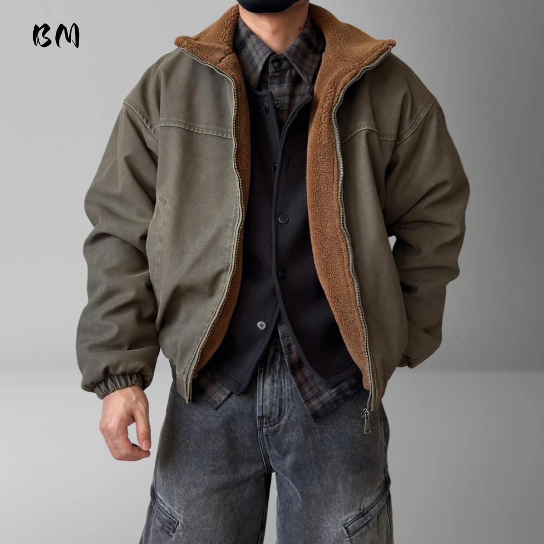 Mens Winter Heavy Duty Washed Distressed Fleece Jacket Thick Warm Windproof Stand Collar Streetwear High Quality Outdoor Coat
