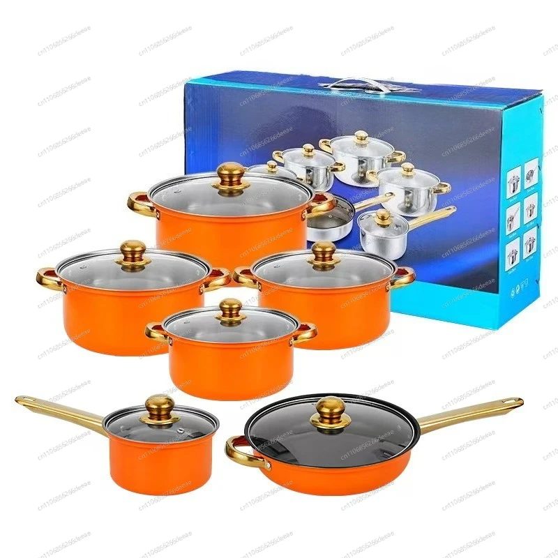 Ybj12Pcs Colorful Stainless Steel Non-Stick Cookware Set with Gold Plated Handles Kitchen Pots Pans