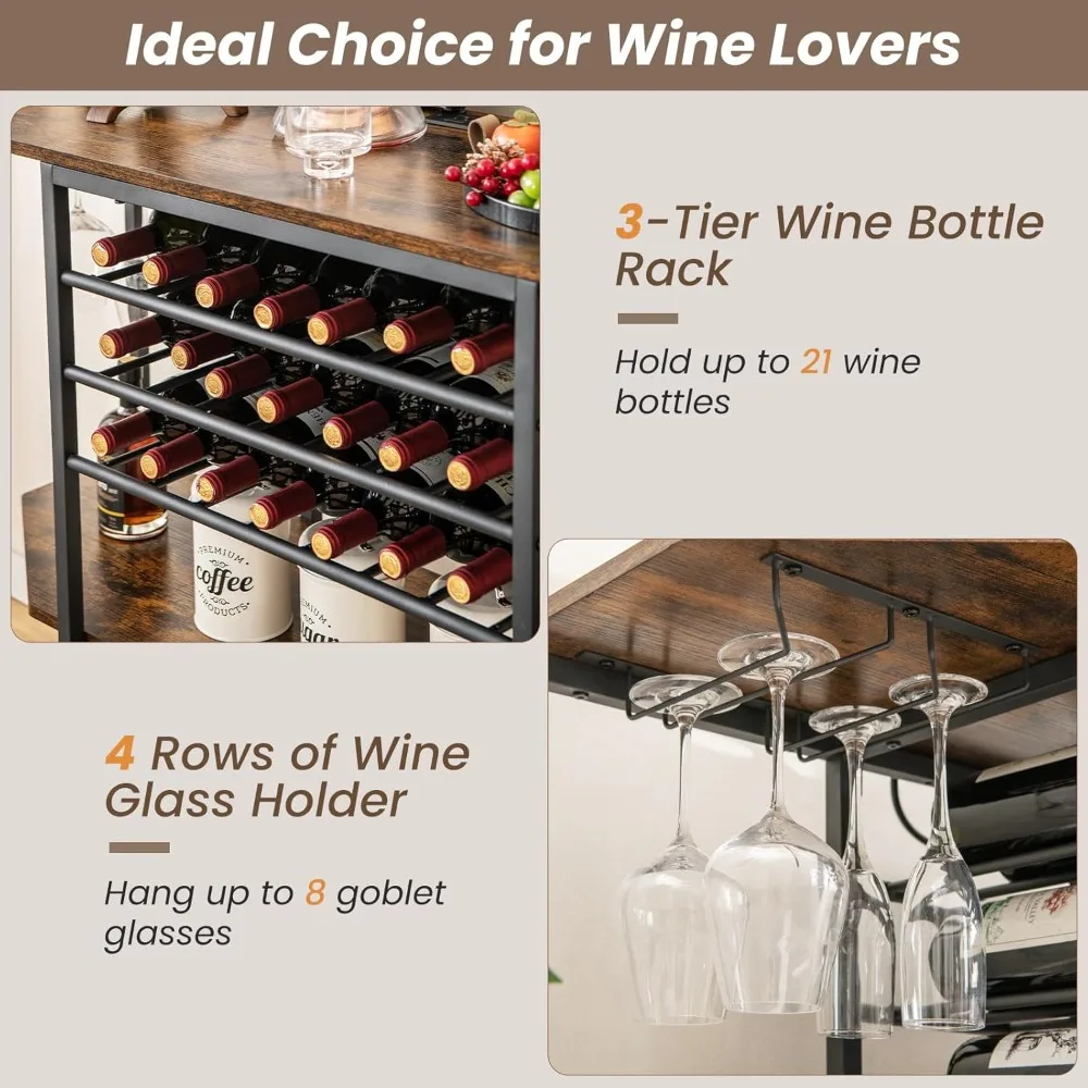 خزانة النبيذ والمشروبات الخمور من 3 طبقات مع منافذ كهربائية ورفوف الزجاجات وحاملات زجاجية #5