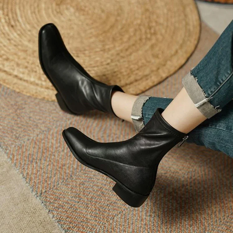 Designer Vintage Square Toe Women Slim Ankle Boots Fashion Elegant Zippers Shoes Autumn Stretch Women's Short Booties