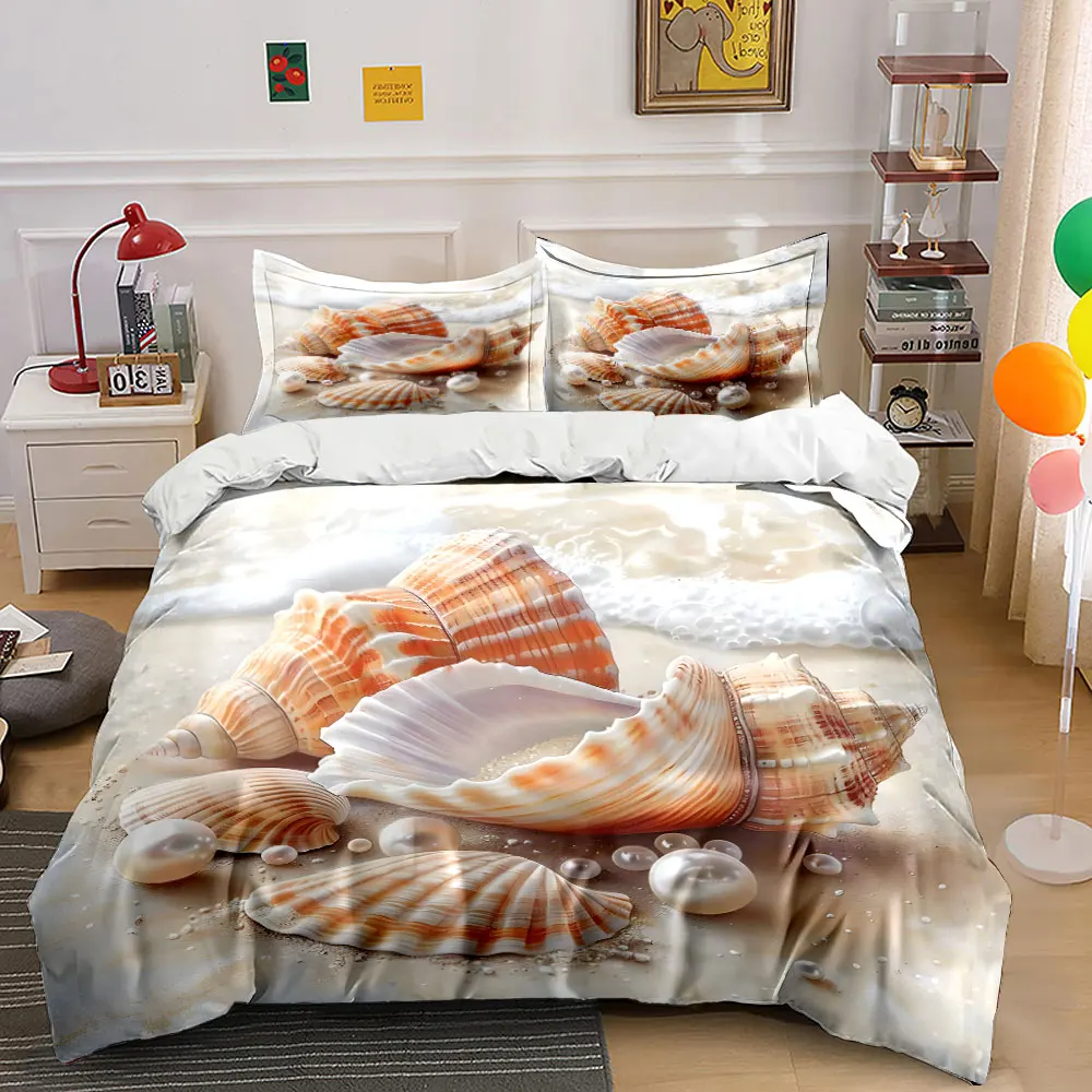 Seashells and pearls on sand Printed Duvet Cover Set1 Duvet Cover+2 PillowcaseMulti Size Bedroom Bedding Decor Luxury gifts