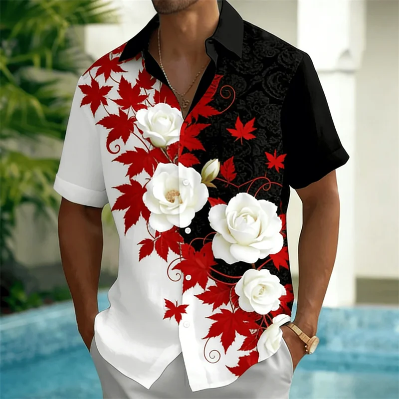 Men's Vacation-Style Color-Blocked Short-Sleeved Shirt with Maple Leaf and Rose Print, Casual Beachwear, Unique Men's Top.