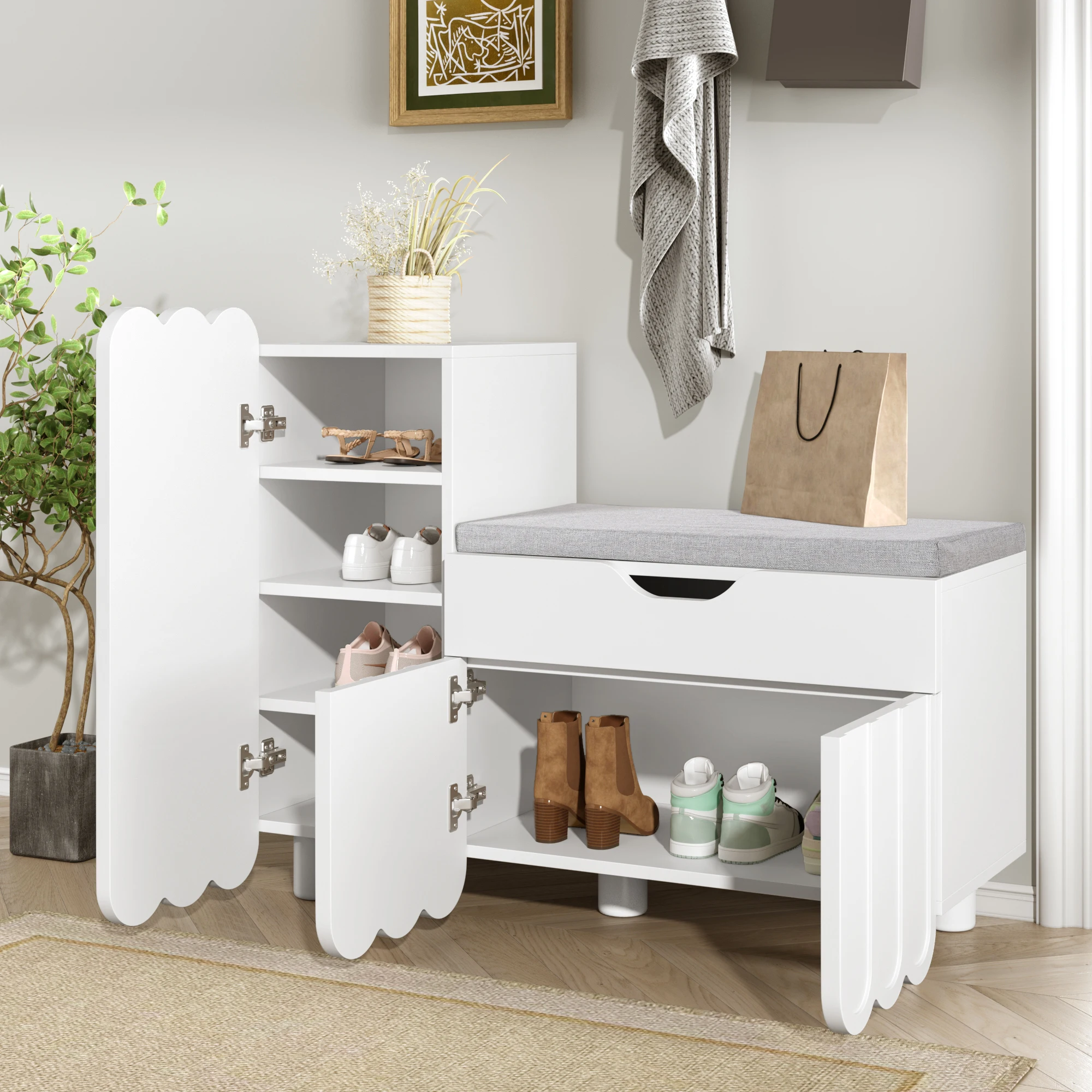 Merax White 3-door Shoe Cabinet with Drawer & Seat Cushion Space Saving