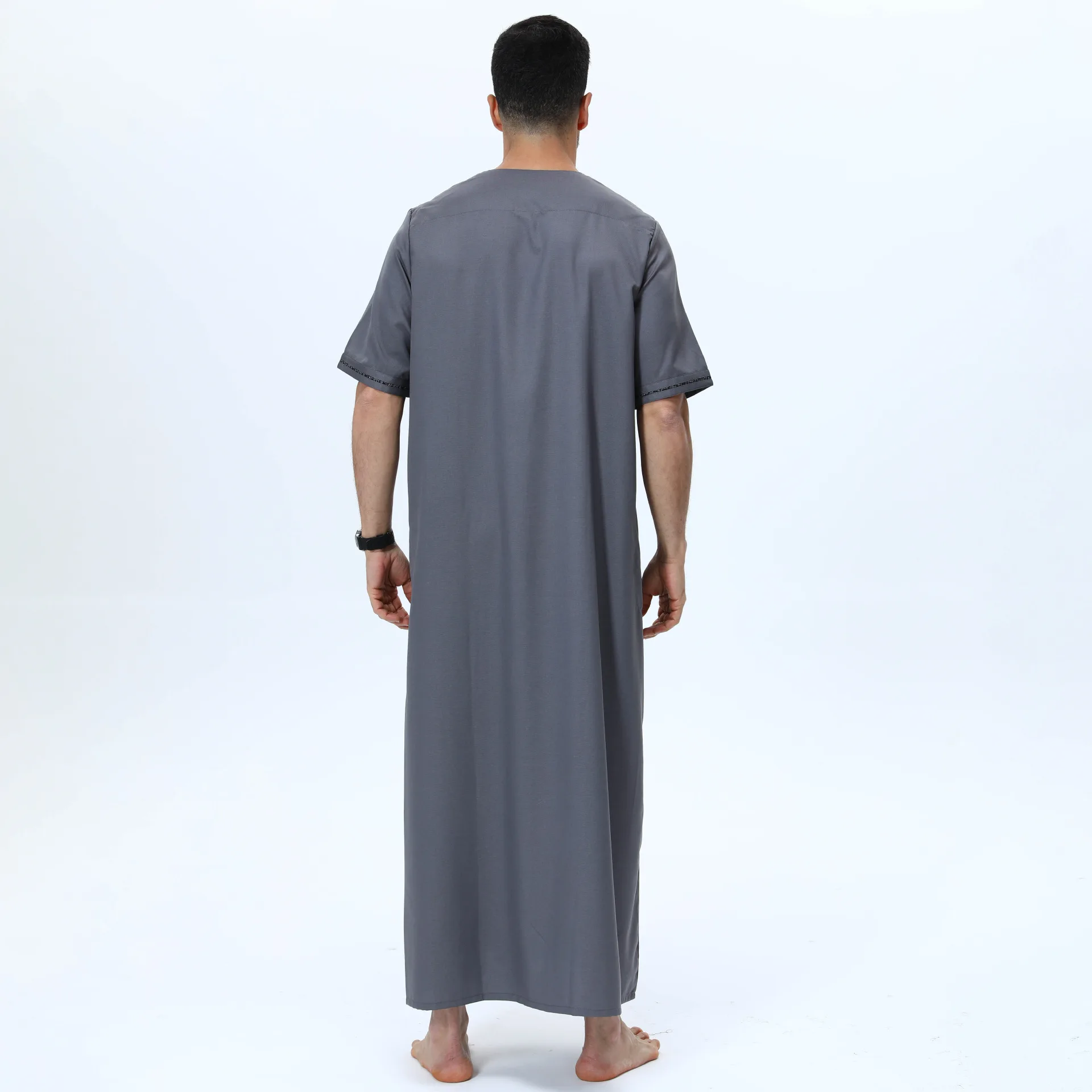 Muslim Men Button Robe Gray Short Sleeve Jubba Thobe Eid Djellaba Turkey Kaftan Abaya Daffah Dishdasha Shirt Loose Islam Clothes