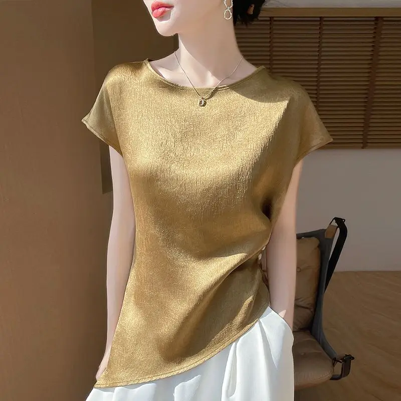 

New Round Neck Fashionable and Versatile Temperament Pullover Solid Color Versatile Elegant Top
