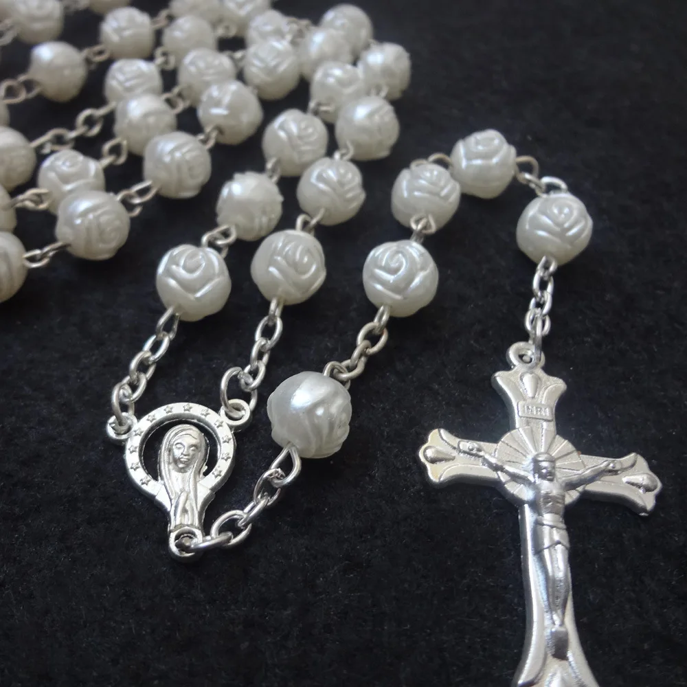 8mm White Pearl Rose Beads Rosary Cross Pendant Necklace For Women Sweater Chain Plastic Beads Catholic Jewelry Accessories