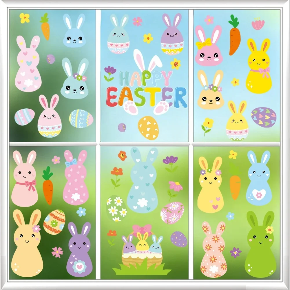 Colorful Easter Window Clings with Bunny Art PVC 20x30x1cm 6 pcs Green Double Sided Moisture Resistant for Temporary Decor