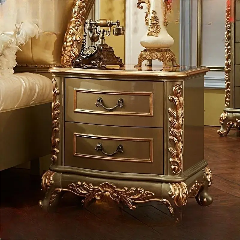 

European style bedroom solid wood champagne gold carved storage cabinet gold and silver painting storage cabinet bedside table