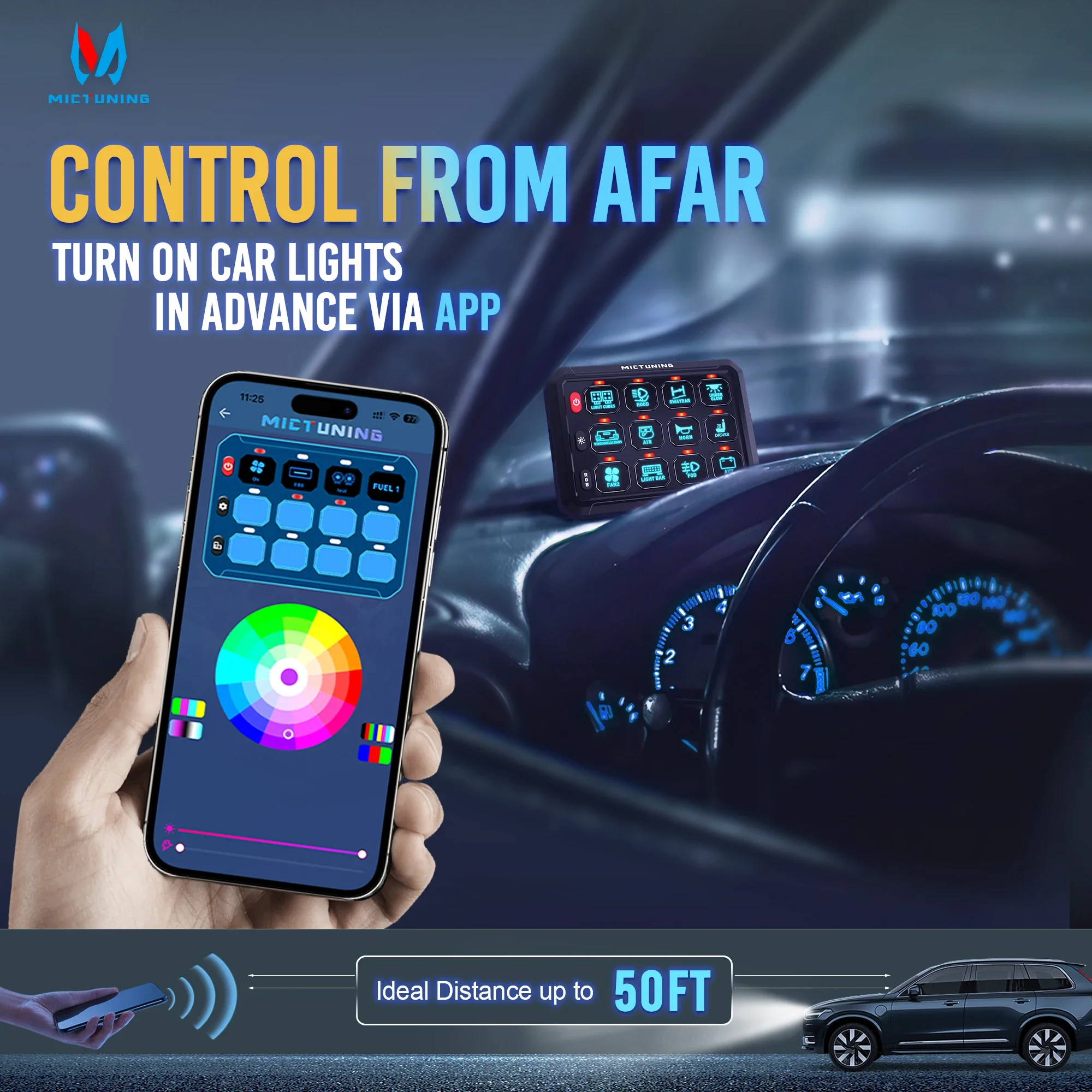 MICTUNING P1S RGB LED 12 Gang Switch Panel Bluetooth APP Control Universal Car Control Relay System Box For Yachts Caravan Boat
