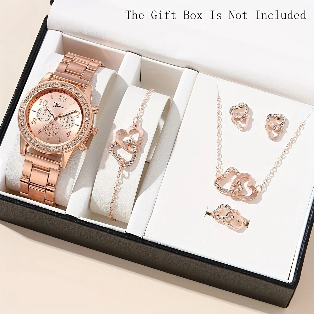 6PCS Set Luxury Watch Women Ring Necklace Earrings Rhinestone Fashion Wristwatch Female Casual Ladies Watches Bracelet Set Clock