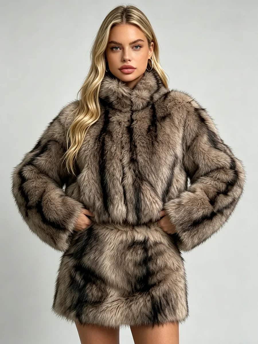LIMO Women 2 Piece Faux Fur Outfit Stand Collar Long Sleeve Cropped Fur Jacket Matching Midi Skirt