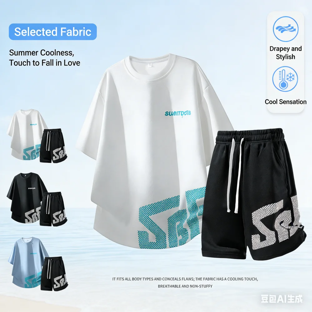 

Silk-coated cooling short-sleeved T-shirt men's set for 2026 new style. T-shirt with summer letter print. Five-inch shorts for m