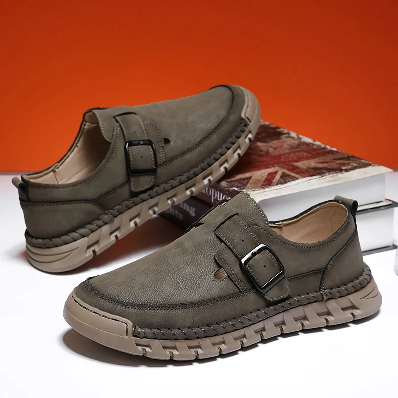 

Men's Brown Leather Casual Shoes Black Loafers Stylish Stitched Sole Derby Shoes Minimalism Suitable for Daily Street Wear 2025
