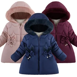 1 2 3 4Y Winter Girls Jacket 5 Color Little Bow Pearl Decoration Lining Plush Thick Hooded Coats For Kids Children Cute Outwear