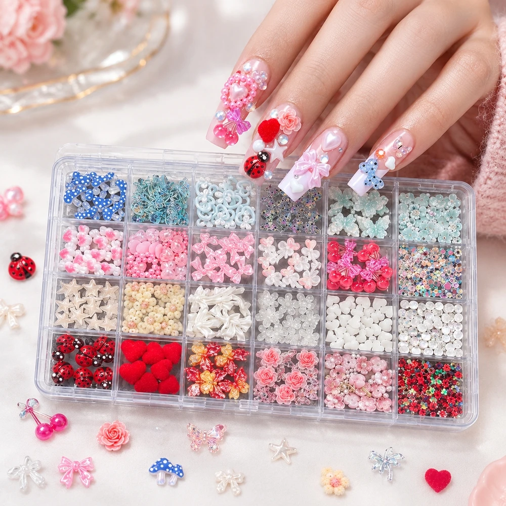 24Grids Assorted 3D Nail Rhinestones Mixed Color Bowknot Rose Heart Butterfly Nail Embellishments For Home DIY Nail Art Ornament