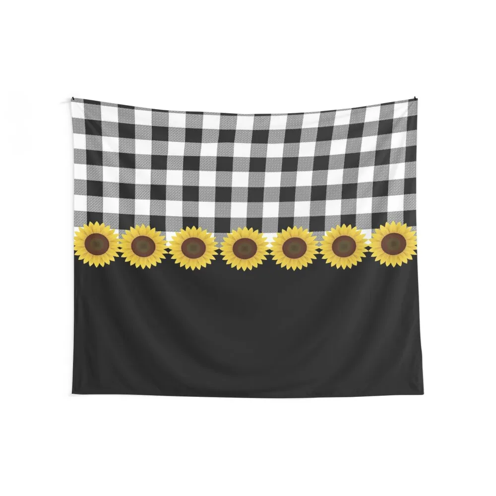 

Black White Buffalo Plaid & Yellow Sunflower Tapestry Mushroom House Decorations Art Mural Tapestry
