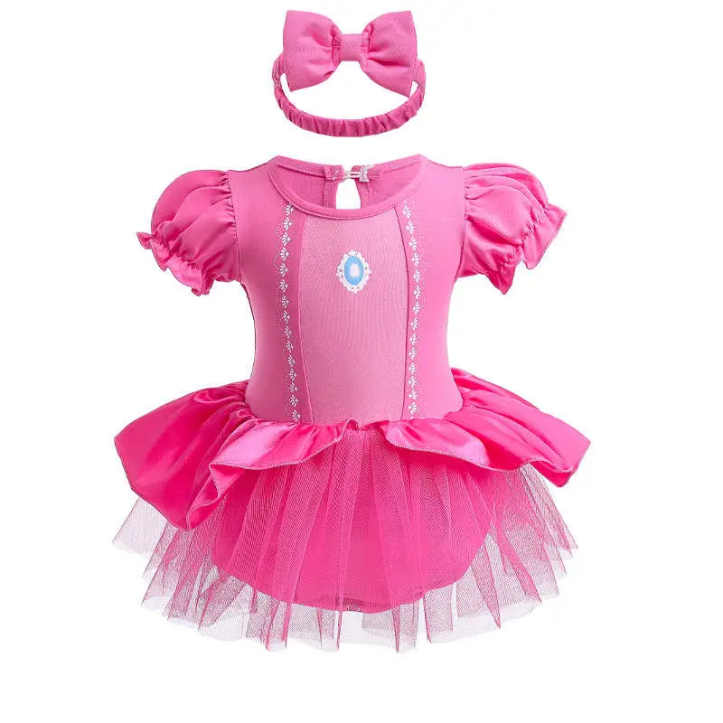 Children's Solid Color Printed Pajamas Girls Lace Decorated Rosy Red Triangle Crawl Suit Toddler Halloween Dress Up