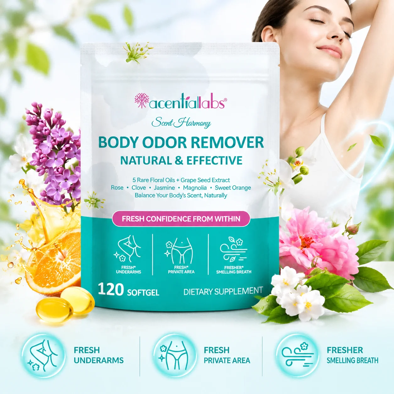 Body Odor Remover Softgels Underarm Deodorization Body Odor Management Enhance Comfort in Private Areas Natural Vegan 120 Pcs