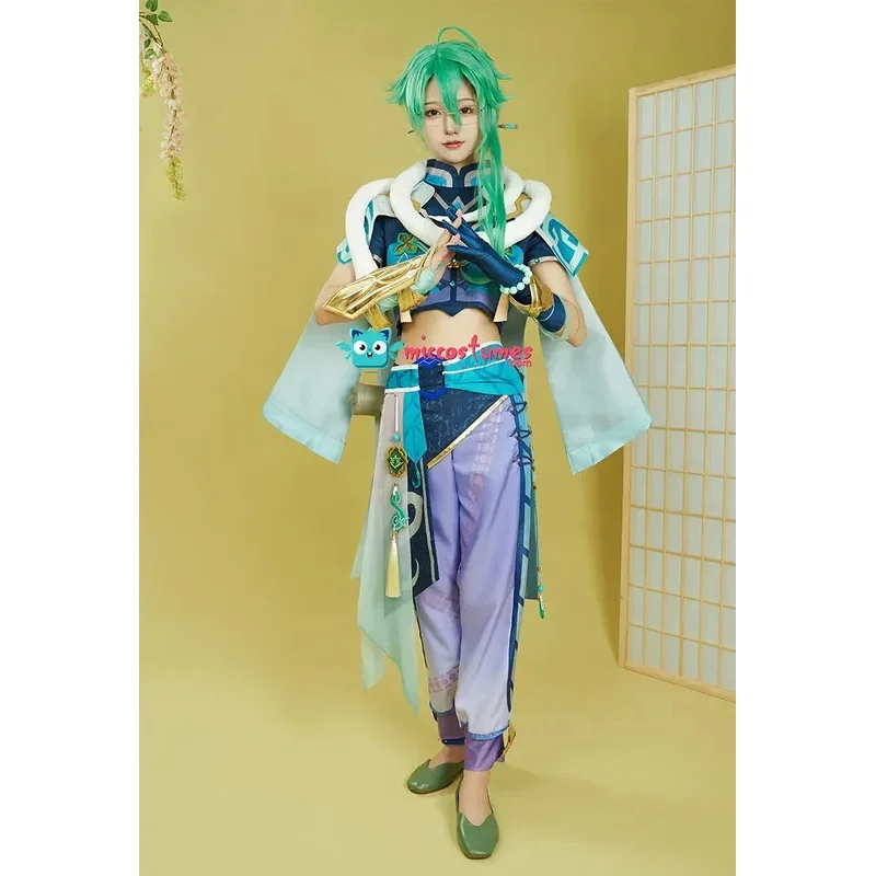 Miccostumes Unisex Baizhu Cosplay Costume Top Pants Set with Cloak and Accessoriesv;2,r'6;t.
